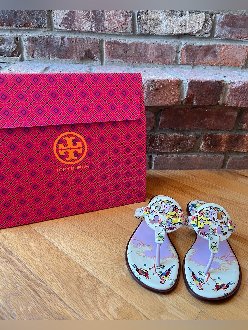 Tory Burch Pink Porcelain Floral Printed Leather Miller Welt Sandals